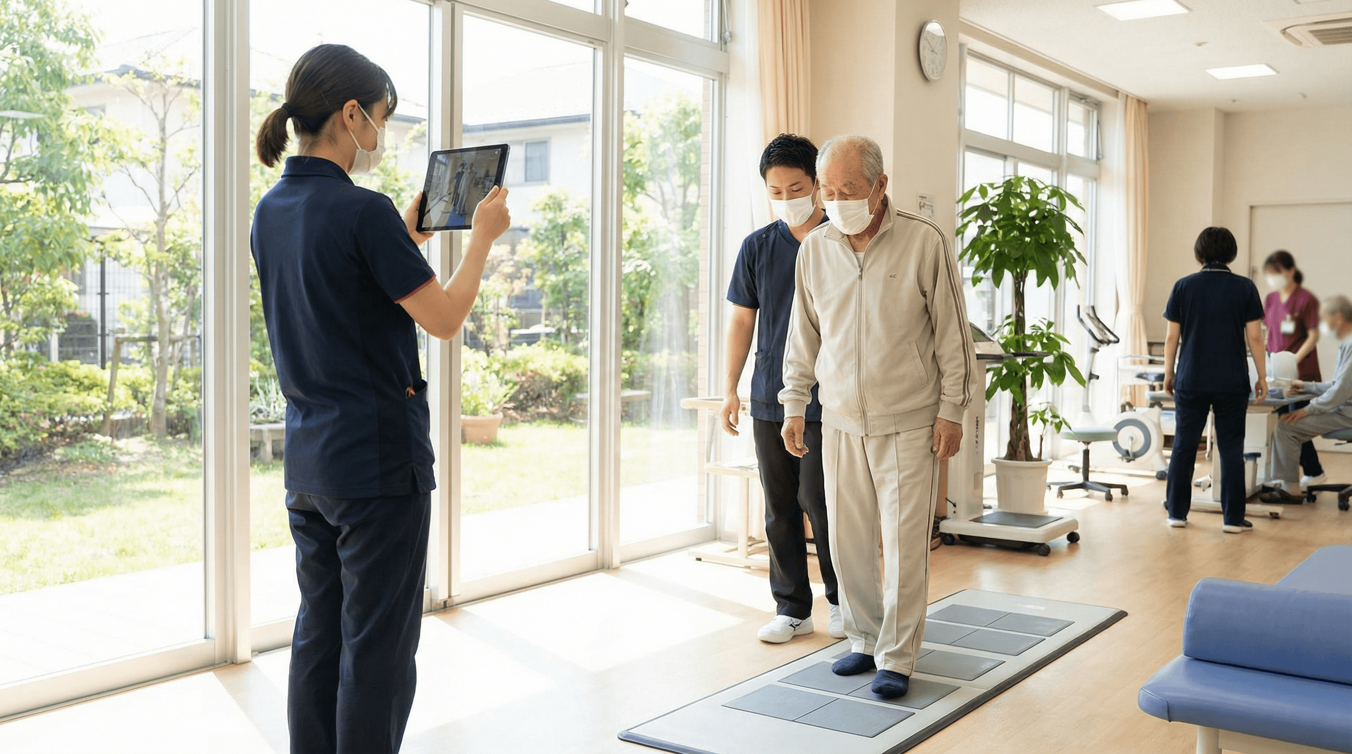 タブレットを持ったスタッフが利用者の歩行を撮影している様子