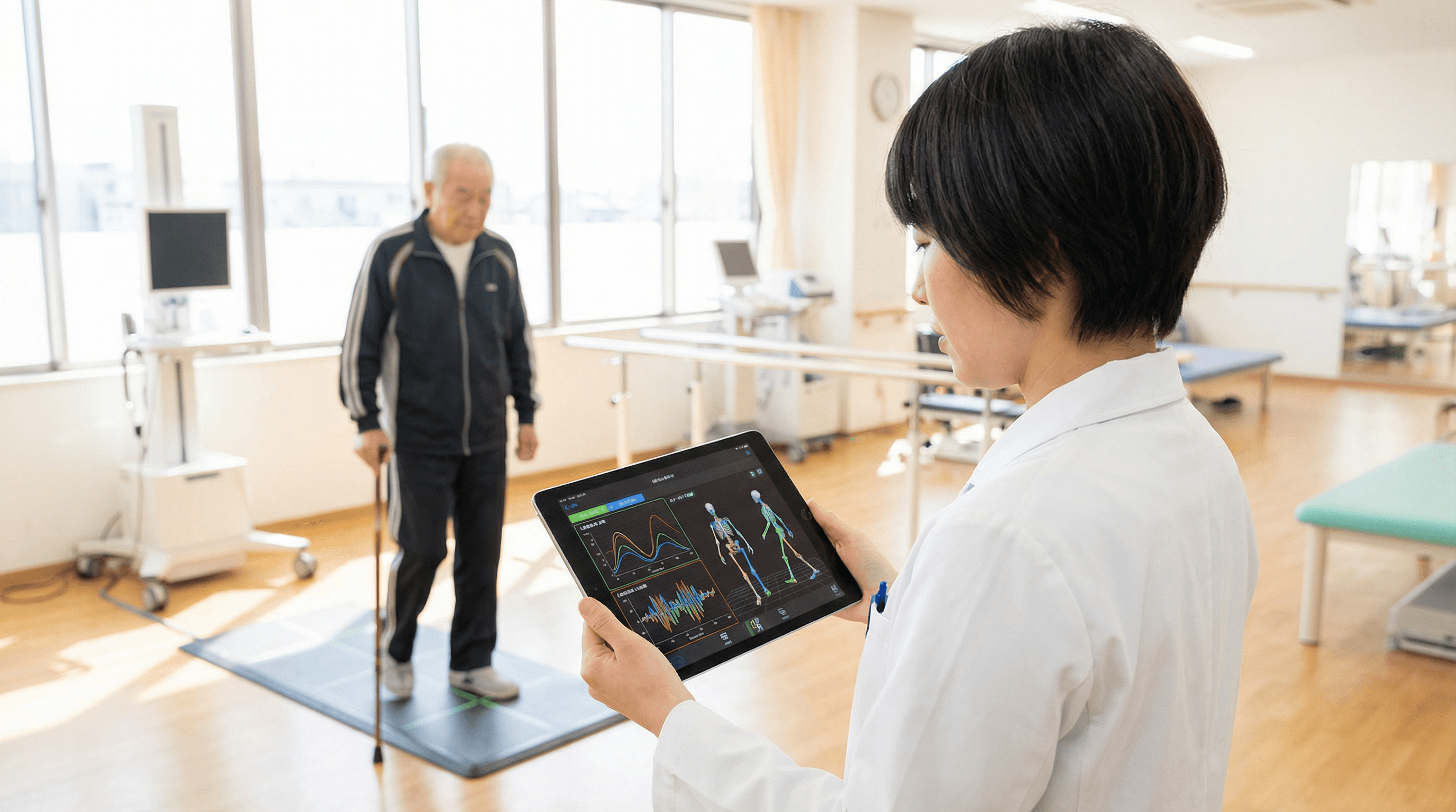 タブレットで歩行姿勢を確認している様子